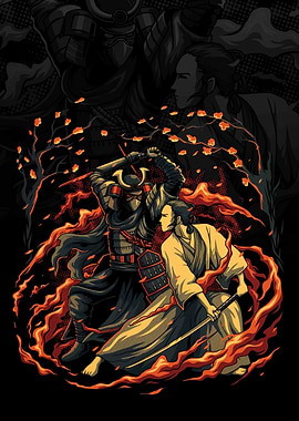 Samurai Duel in Fiery Landscape