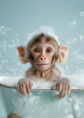 Baby Monkey in Bathtub with Bubbles