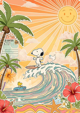 Snoopy Surfing Summer Beach Scene