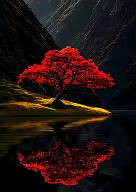 Red Tree Reflection in Dark Lake