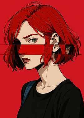 Red-haired woman portrait with glitch effect