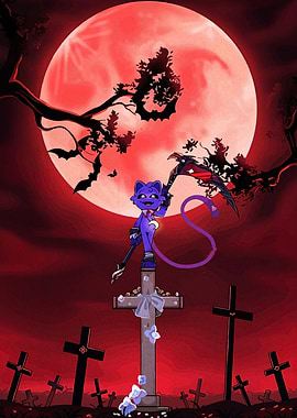 Cartoon Cat Grim Reaper in Cemetery
