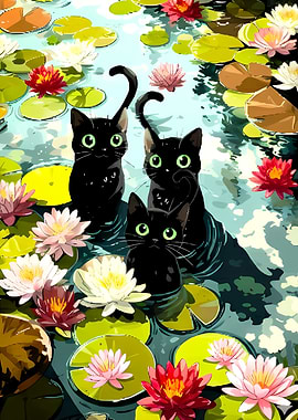 Black Cats in Lily Pond