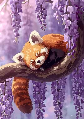 Sleeping Red Panda in Wisteria Tree