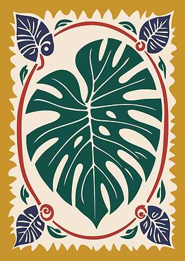 Monstera Leaf Illustration with Decorative Border