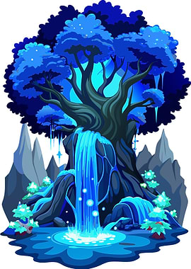 Enchanting Nocturnal Forest Scene with Blue Glowing Waterfall and Fantasy Tree Metal Print Wall Art