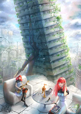 Post-Apocalyptic Cityscape with Red-Haired Women