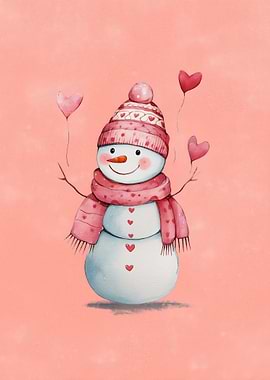 Watercolor Snowman with Hearts