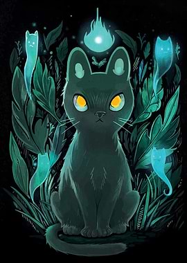 Mystical Cat with Ghostly Companions