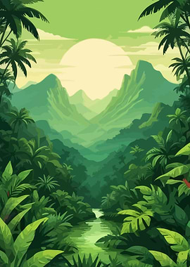 Lush Green Tropical Jungle Landscape Art