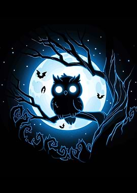 Owl on Branch with Full Moon