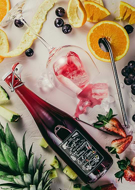 Sangria bottle and fruit arrangement