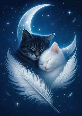 Cats Sleeping on Moon with Feather