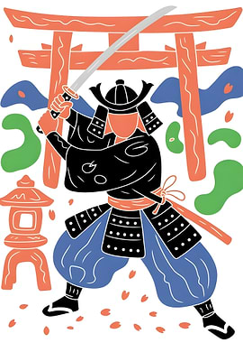 Samurai Warrior with Sword and Torii Gate