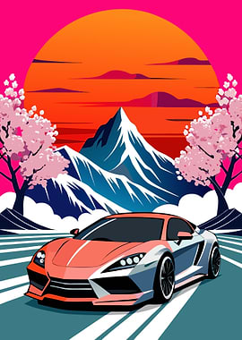 Neon Pop Art Style Futuristic Sports Car with Japanese Landscape Background Metal Wall Print Art