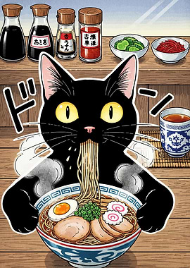 Black Cat Eating Ramen Illustration