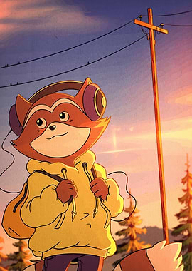 Cartoon Raccoon with Headphones