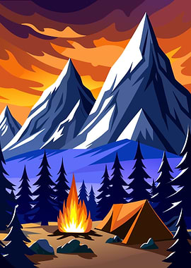 Camping in the Mountains at Sunset Metal Print Wall Art