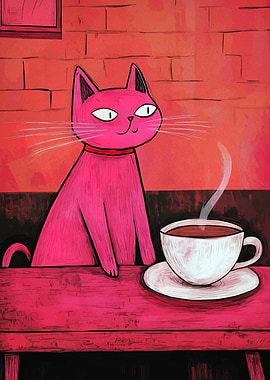 Pink Cat with Coffee
