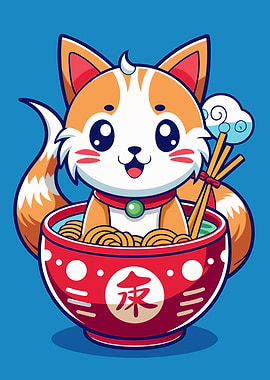 Cartoon Fox in Ramen Bowl Illustration