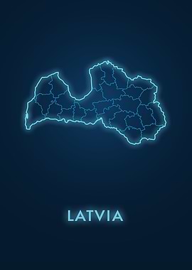 Neon Blue Map of Latvia