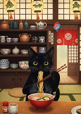 Black Cat Eating Ramen in Restaurant