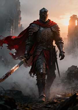 Armored Knight with Sword in Ruins