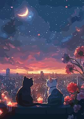 Cats watching sunset over city