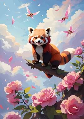 Red Panda in a Floral Sky