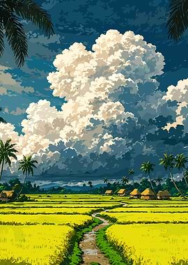 Tropical Rice Field Landscape with Clouds