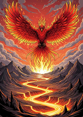 Fiery Phoenix Rising Above Lava River