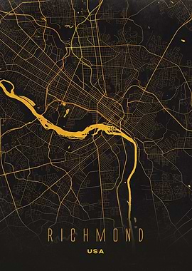 Richmond Virginia City Map Poster - Golden River and Street Network