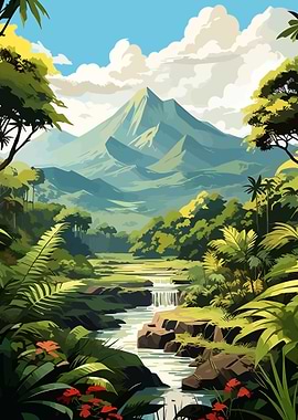 Lush Tropical Landscape with Mountain View
