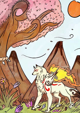 Okami Amaterasu in a Watercolor Landscape