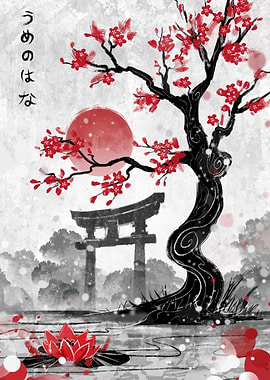 Japanese Garden with Red Blossoms and Torii