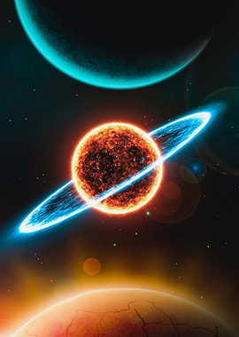 Fiery Planet with Ring in Space