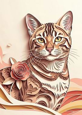 Elegant Papercut Cat with Rose