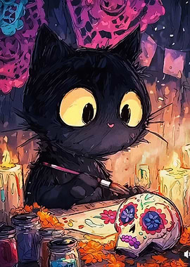 Black Cat Painting Day of the Dead