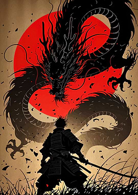 Samurai and Dragon Silhouette Art