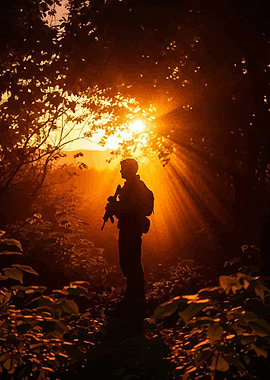 Soldier Silhouette Forest Sunset
