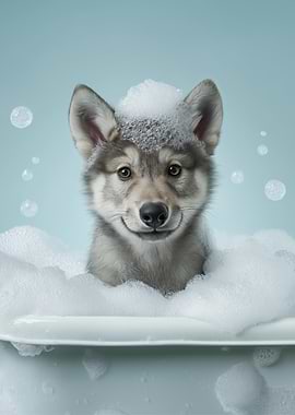 Wolf Pup in a bubble bath