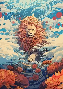 Lion in the Sky and Flowers