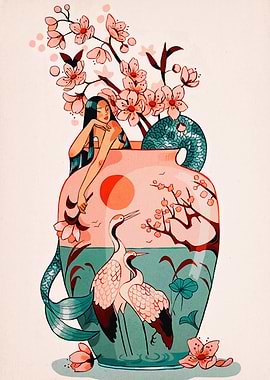 Asian-inspired Vase with Woman and Cranes