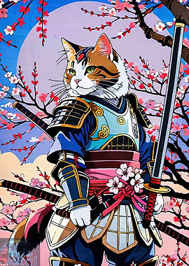 Samurai Cat with Swords and Armor