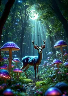 Deer in Enchanted Mushroom Forest