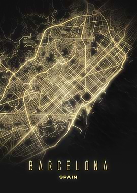 Barcelona Spain Coastal Map Print - Glowing City Streets and Waterfront Art