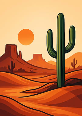 Desert Landscape with Cactus and Sun