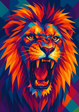 Colorful Geometric Lion Roaring Portrait