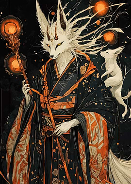 Kitsune Spirit with Staff and Companion