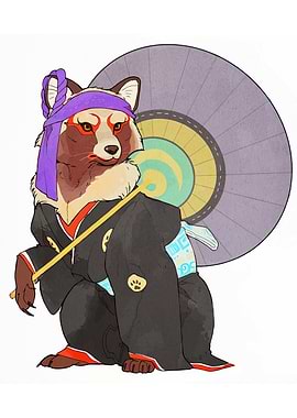 Tanuki in Kimono with Umbrella